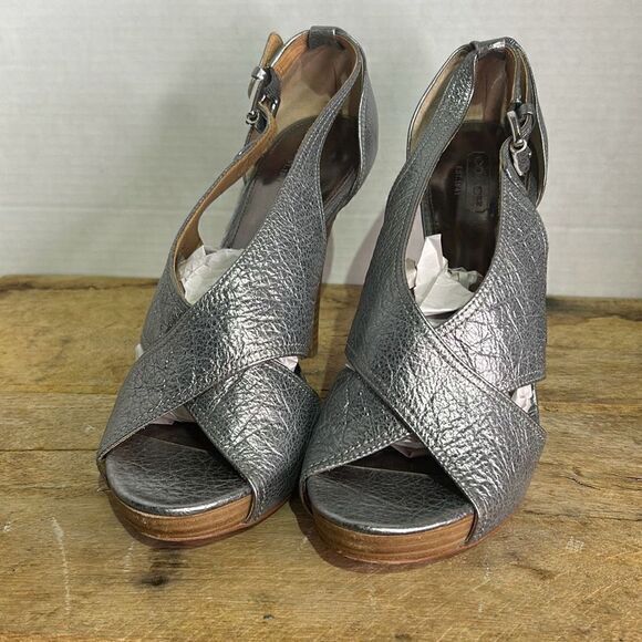 Coach adelle silver criss-cross pumps pebbled open‎ toe heels - Picture 2 of 11